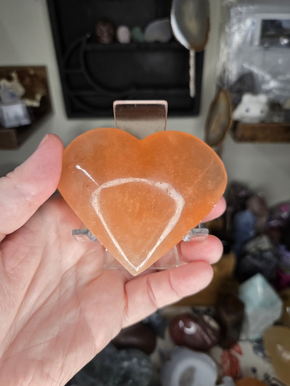 Natural Peach Orange Selenite Heart Crystal Carving W/ Stand